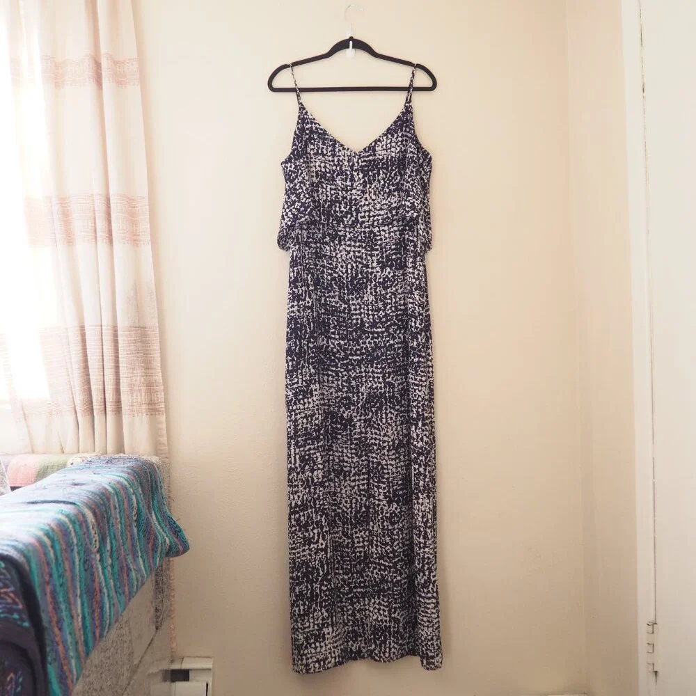 White House Black Market Navy Blue Spaghetti Strap Flounce Maxi Dress - Picture 4 of 8